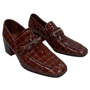 New Christian Louboutin Mj Croc Embossed Loafer 50 Block Heel Acajou Sz 38 US 8